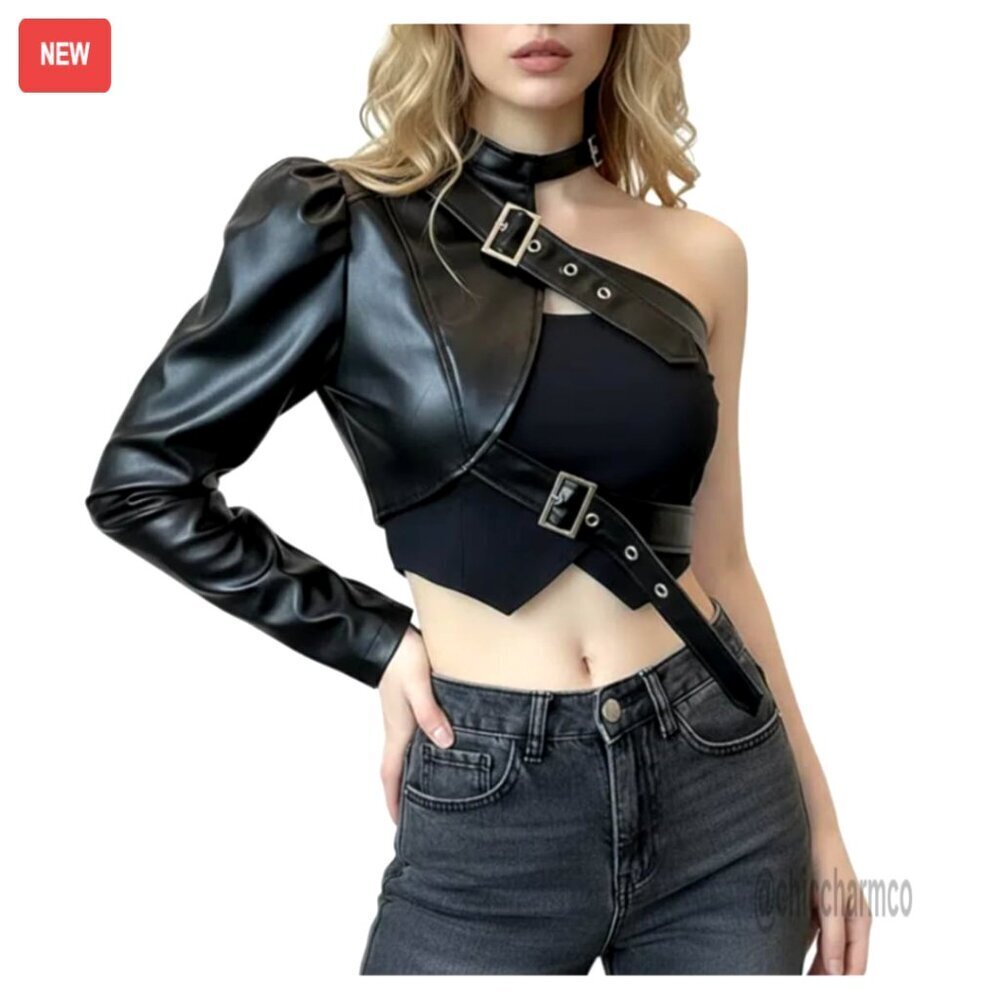 One Shoulder Motorcycle Leather Jacket Halter Buckle Long Sleeve Top